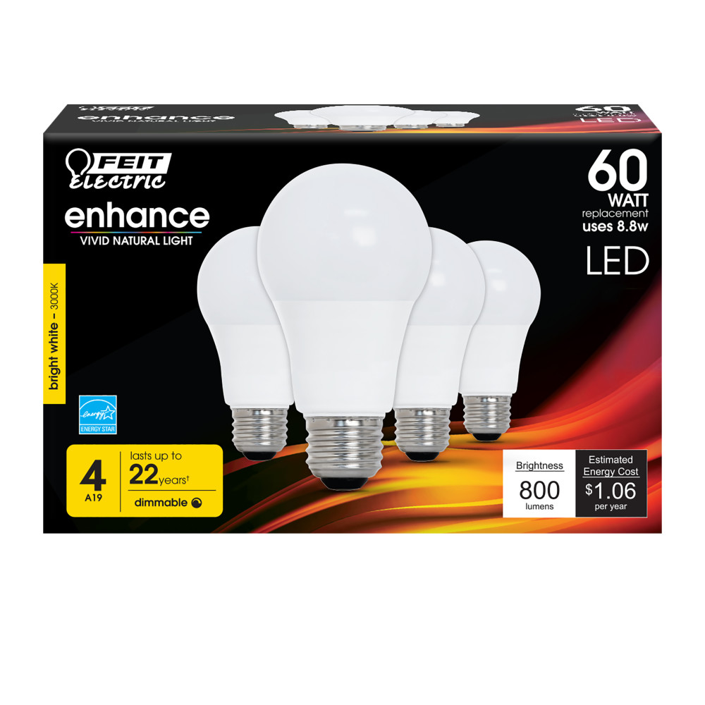 Feit Electric 60W Enhance A19 3000K Dimmable LED Bulb 4pk - Flockneti