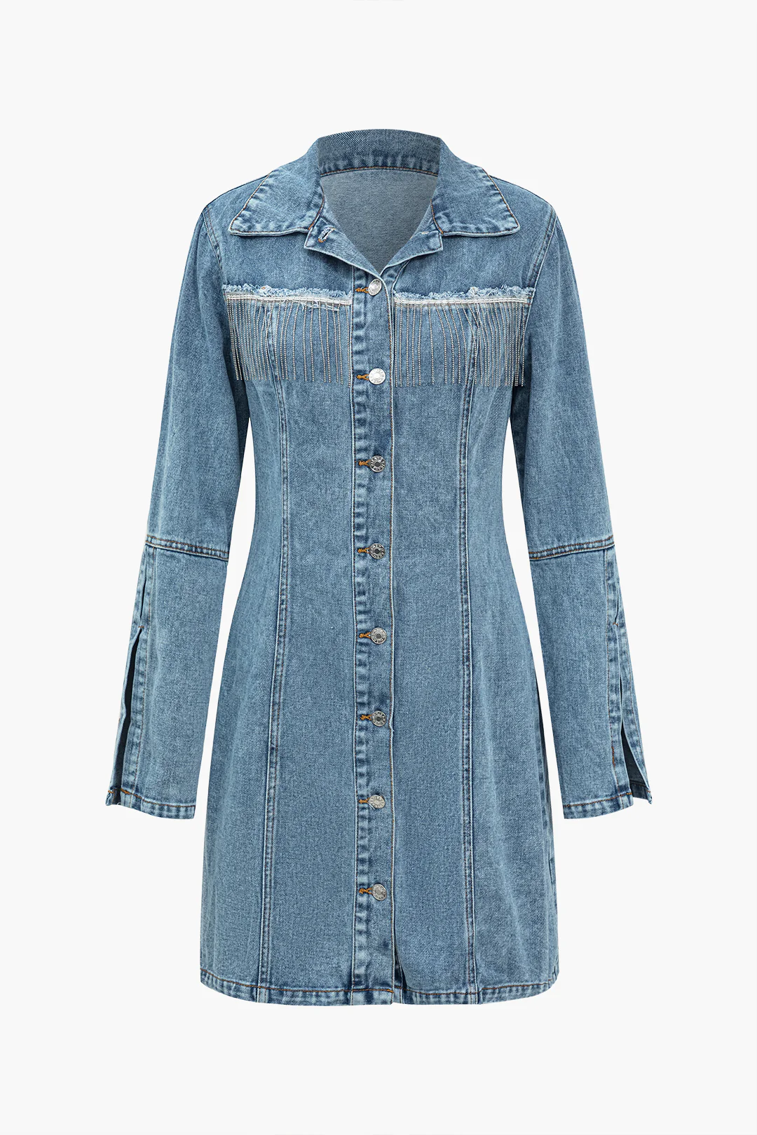 Denim Button Fringe Decor Frayed Long Sleeve Dress - Flockneti