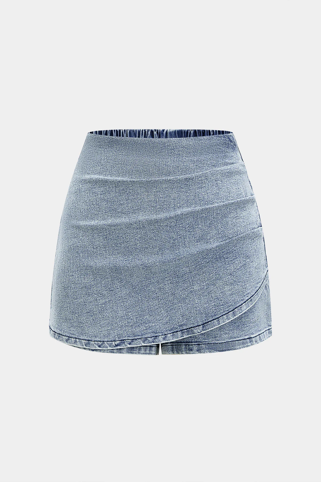Denim Ruched Asymmetrical Shirred Waistband Pocket Skirt - Flockneti