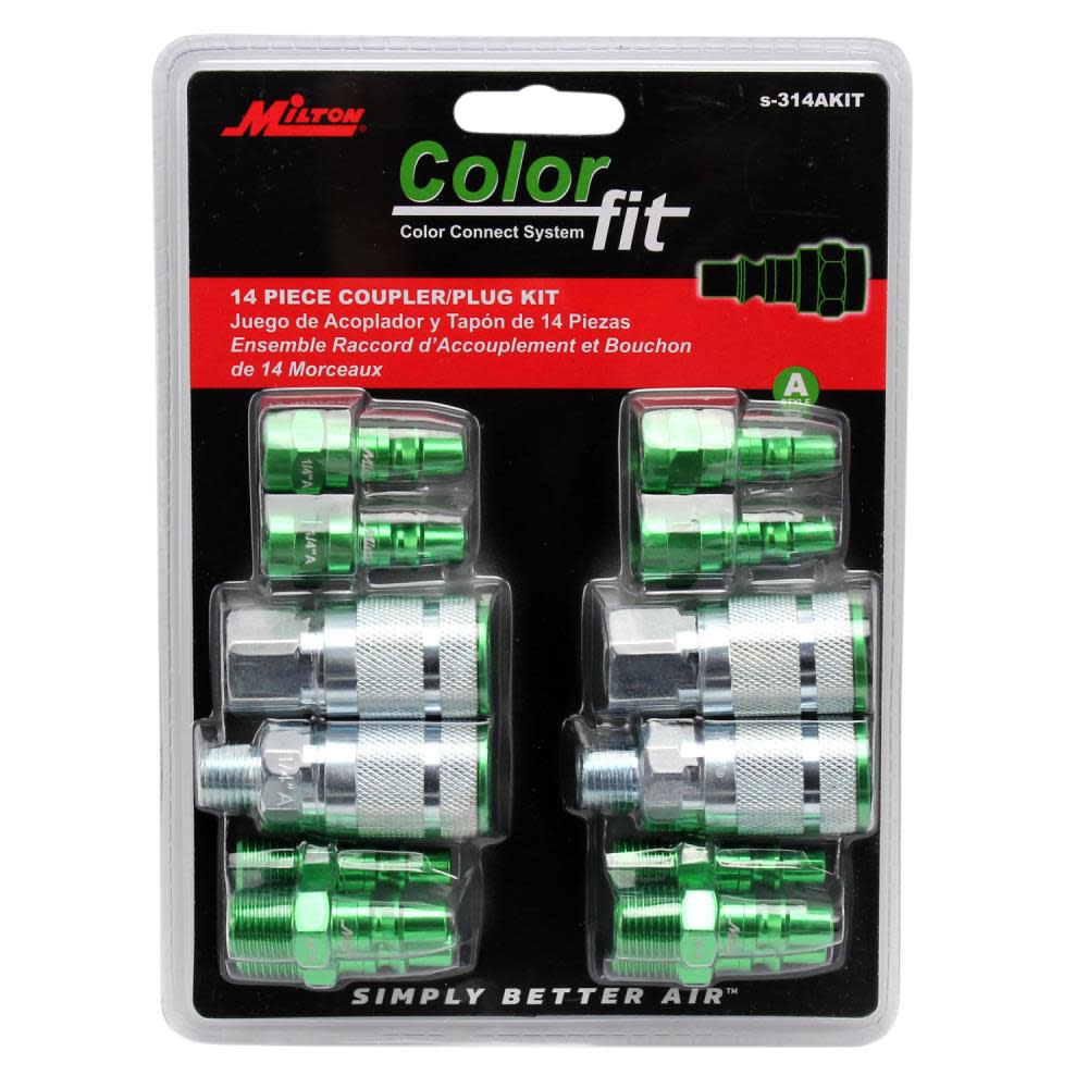 Milton ColorFit S-314AKIT Coupler & Plug Kit – (A-Style Green) – 1/4″ NPT (14-Piece) - Flockneti