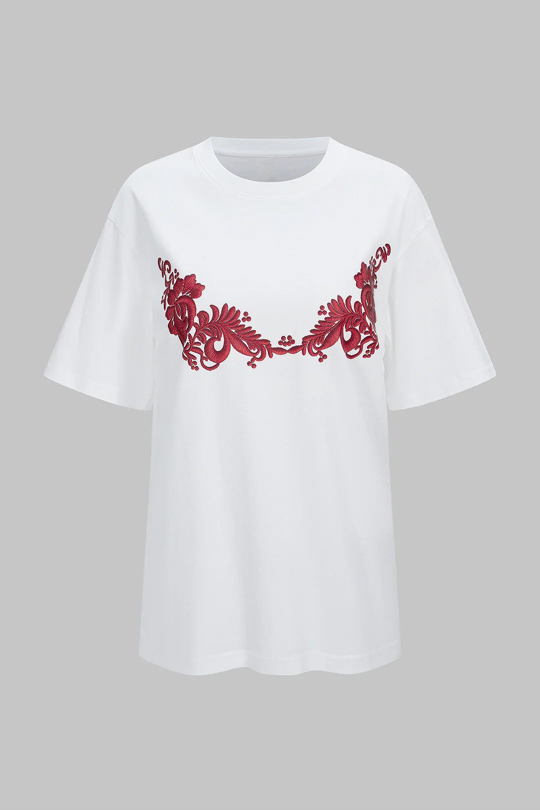 Floral Embroidery Round Neck Short Sleeve T-Shirt - Flockneti