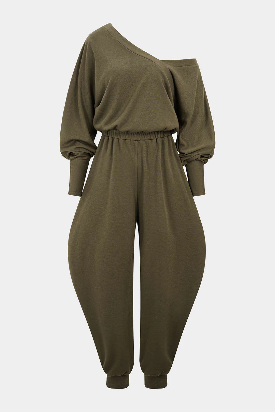 One Shoulder Shirred Long Sleeve Jumpsuit - Flockneti