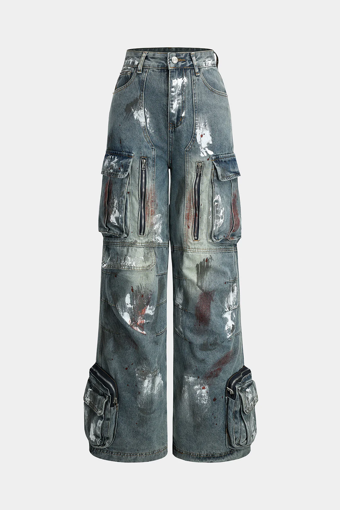 Graffiti Denim Washed Button Pocket Zipper Wide Leg Jeans - Flockneti