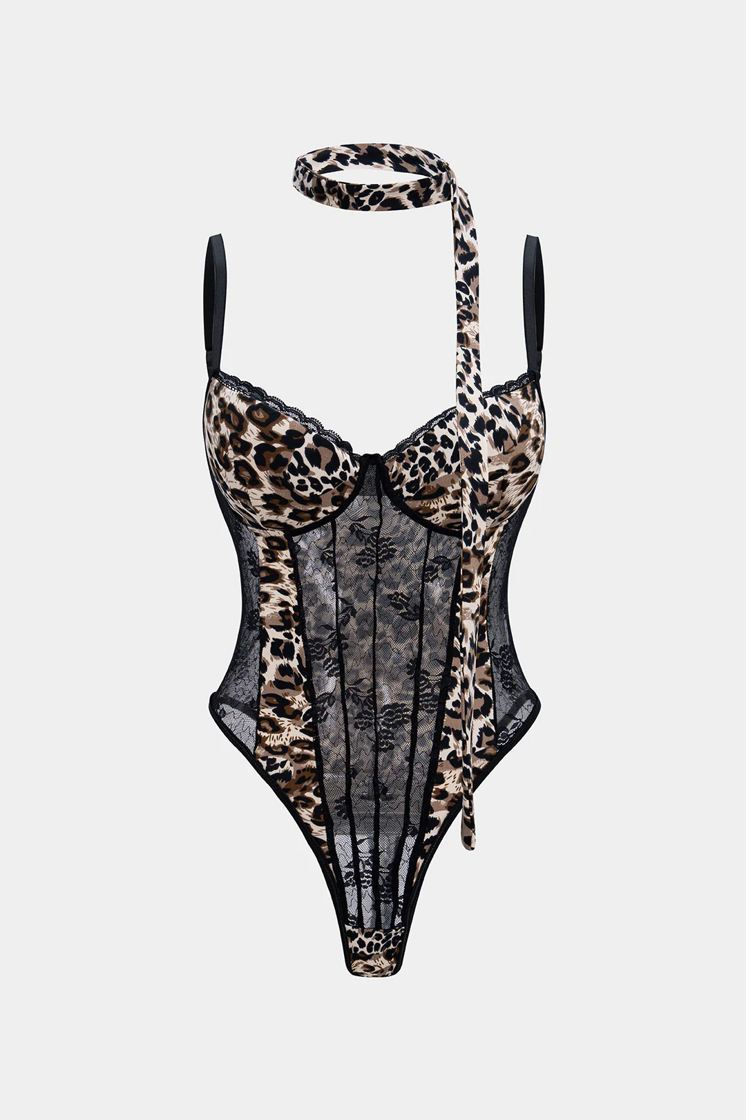 Leopard Print Sheer Lace Trim Sleeveless Bodysuit - Flockneti