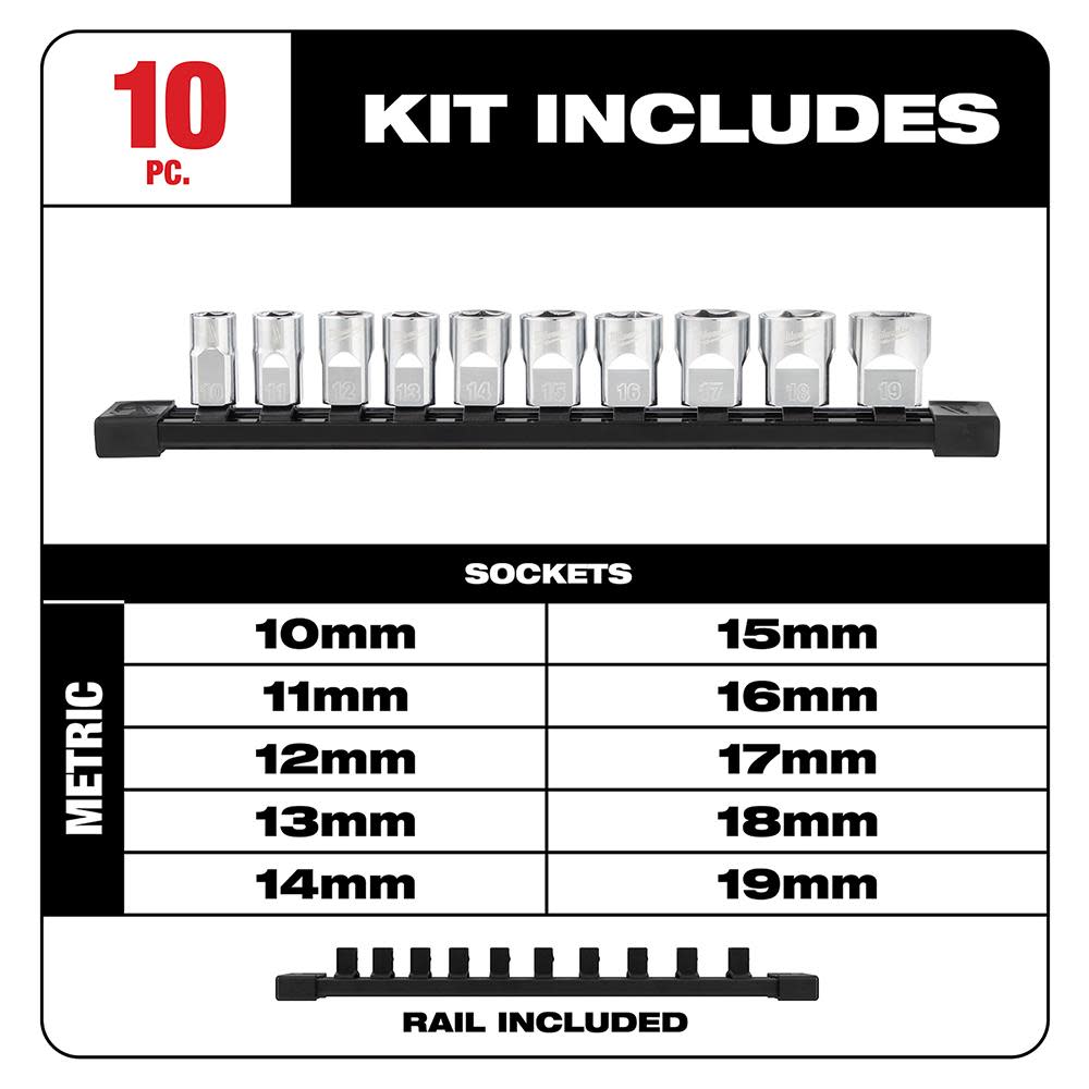 Milwaukee 10pc 3/8 in. Metric Sockets with FOUR FLAT Sides - Flockneti