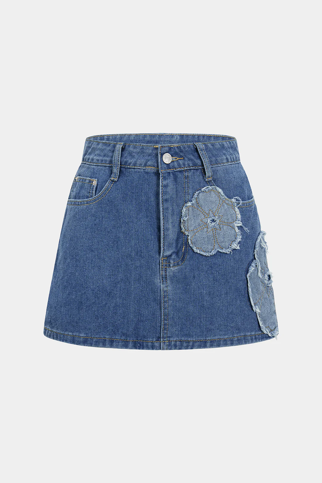 Denim Flower Applique Button Mini Skirt - Flockneti
