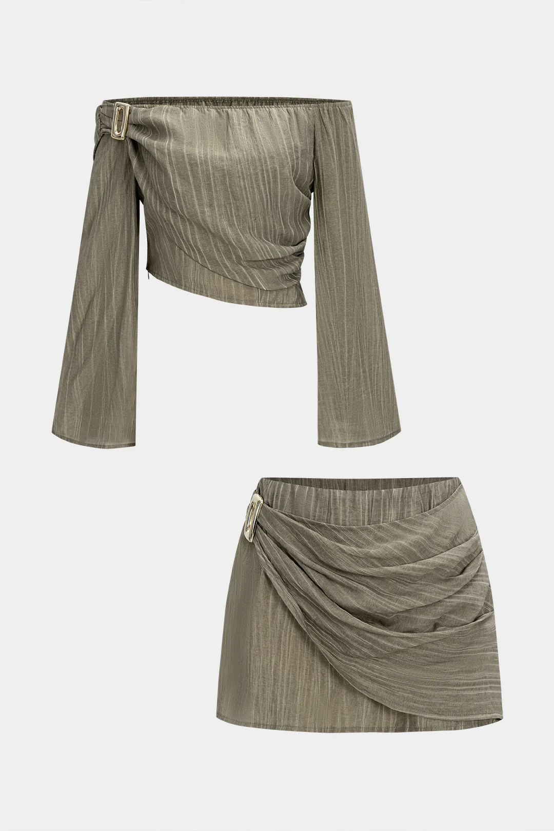 Off Shoulder Stripes Print Long Sleeve Crossed Top And Ruched Mini Skirt Set - Flockneti