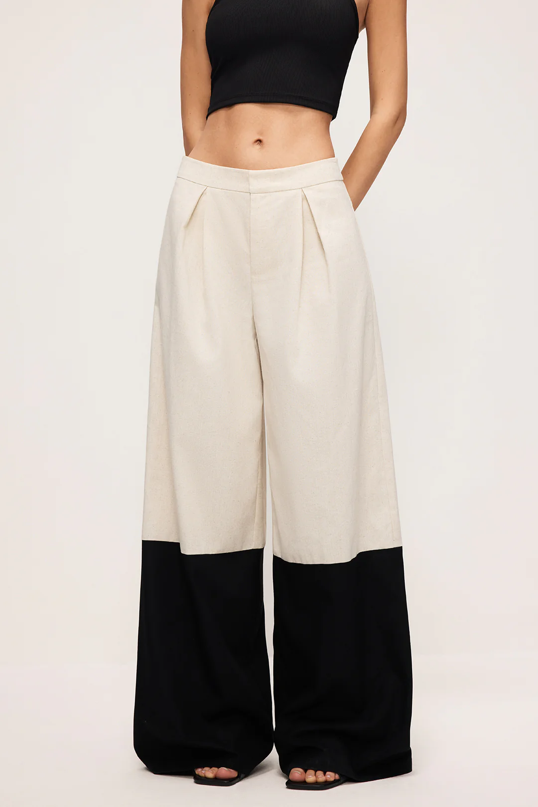 Linen High Waist Patchwork Wide Leg Trousers - Flockneti
