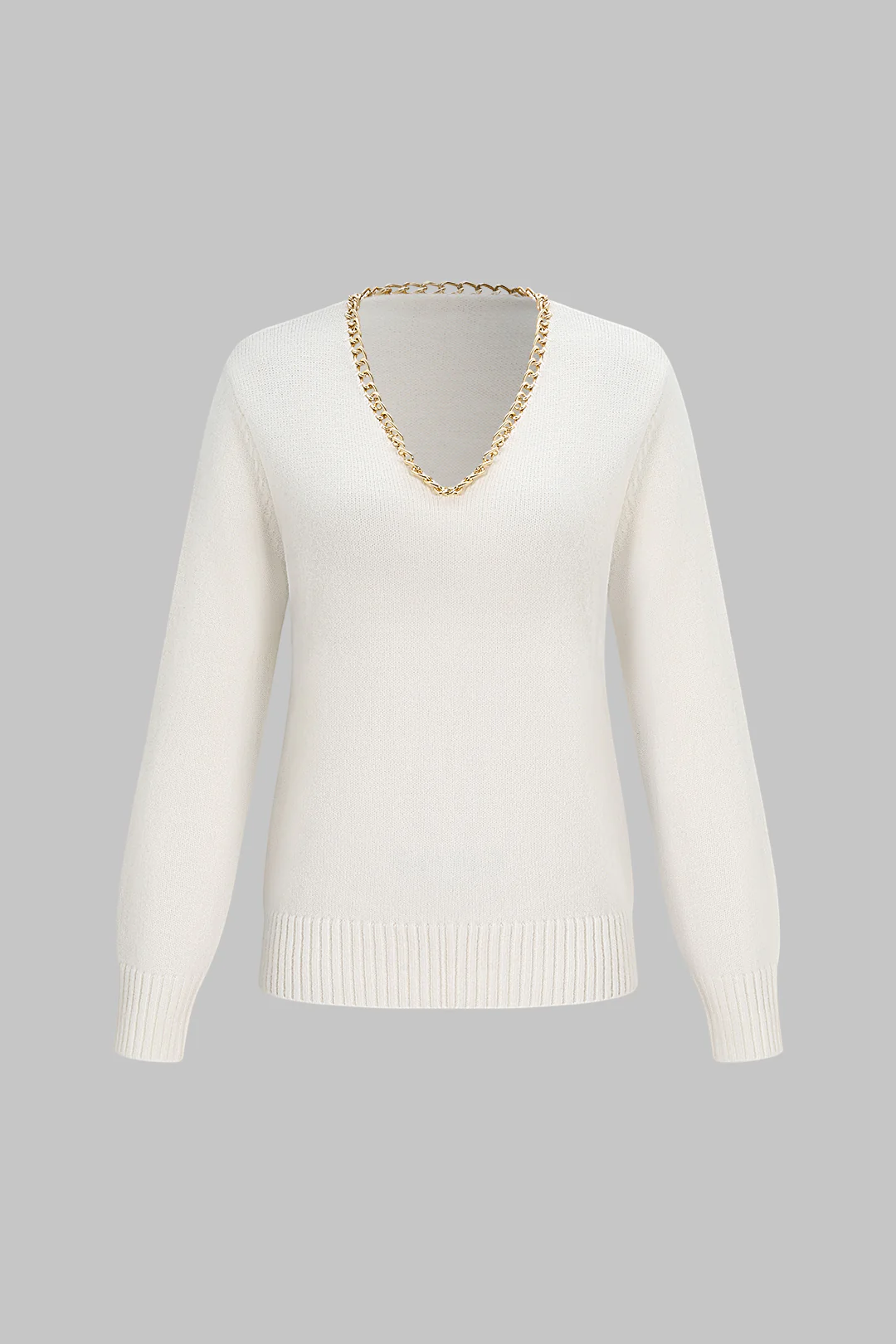 Knit V-Neck Chain Long-Sleeve Top - Flockneti