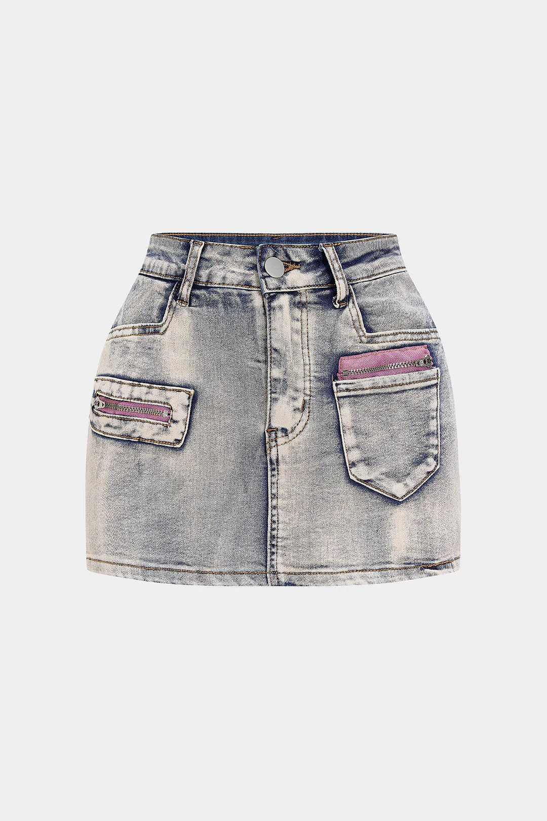 Denim Zipper Patchwork Washed Skirt - Flockneti