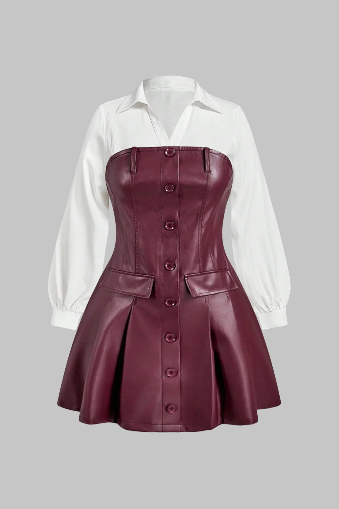 Plus Size Faux Leather Patchwork V-Neck Long Sleeve Mini Dress - Flockneti
