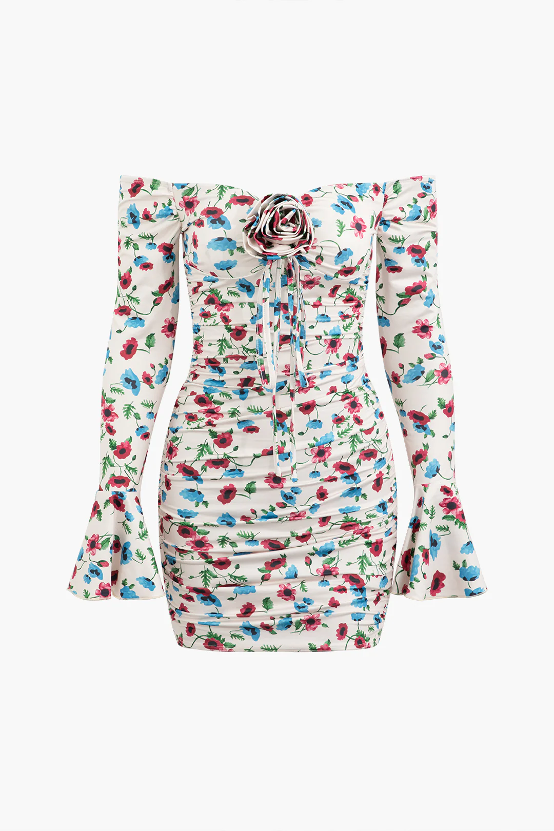 Ditsy Floral Print 3D Flower Decor Ruched Long Sleeve Mini Dress - Flockneti