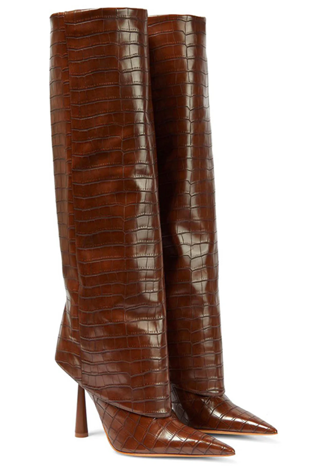 Crocodile Faux Leather Stiletto Pointed Toe Knee High Boots - Flockneti