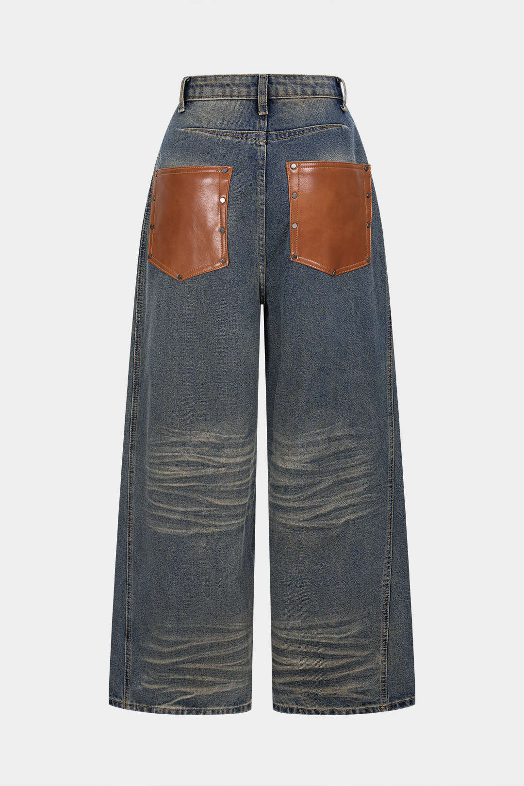 Denim Patchwork Faux Leather Wide Leg Jeans - Flockneti