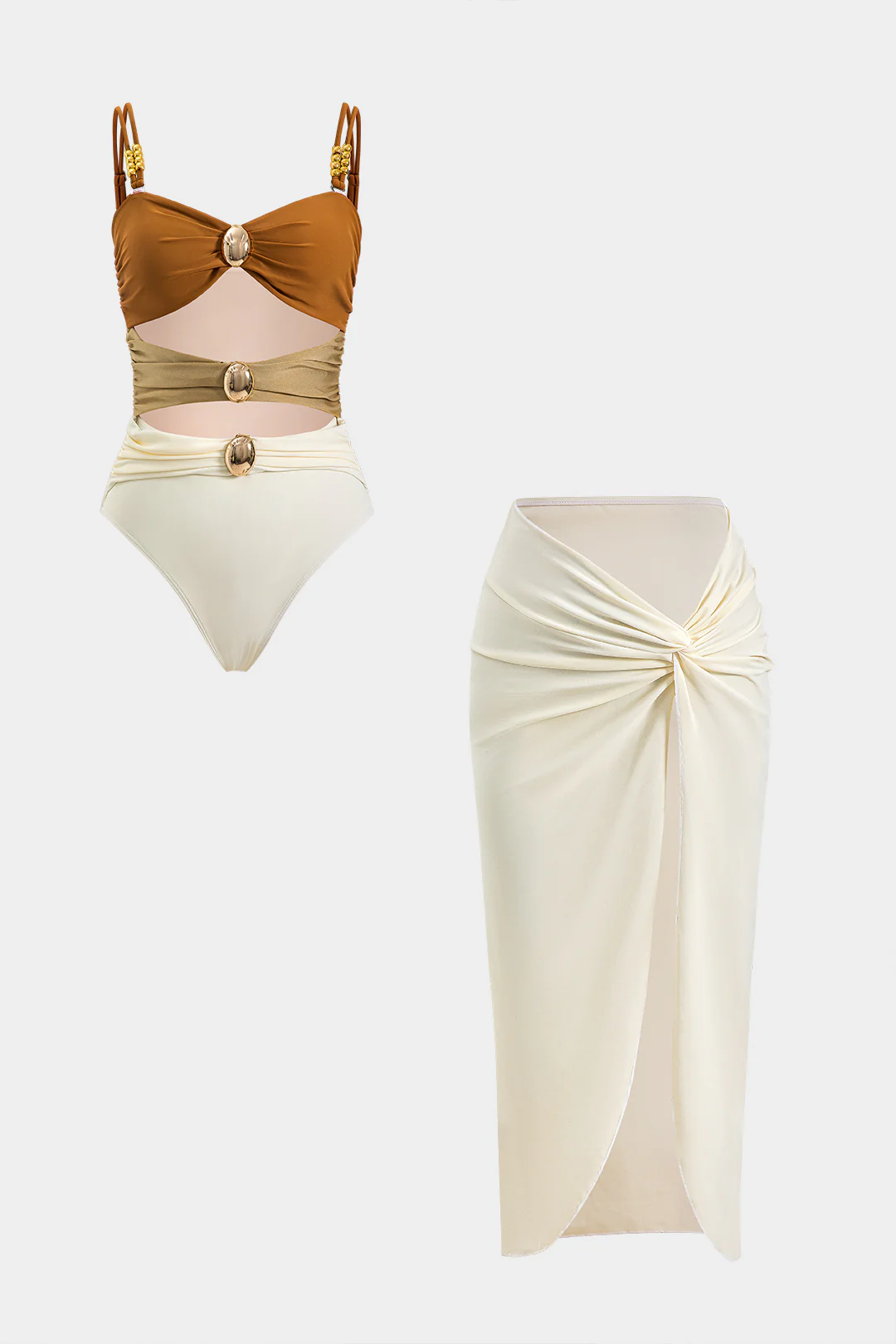 Tummy Control Cut Out Slip Swimwear And Ruched Slit Cover Up Set - Flockneti