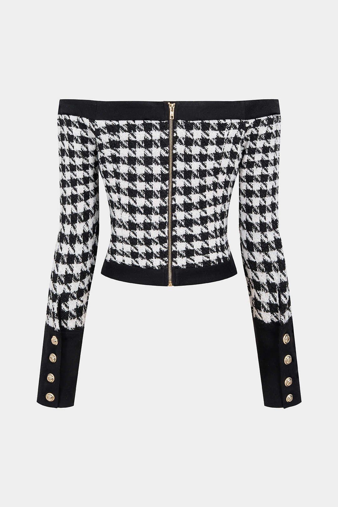 Houndstooth Print Off Shoulder Woolen Button Long-Sleeve Top - Flockneti