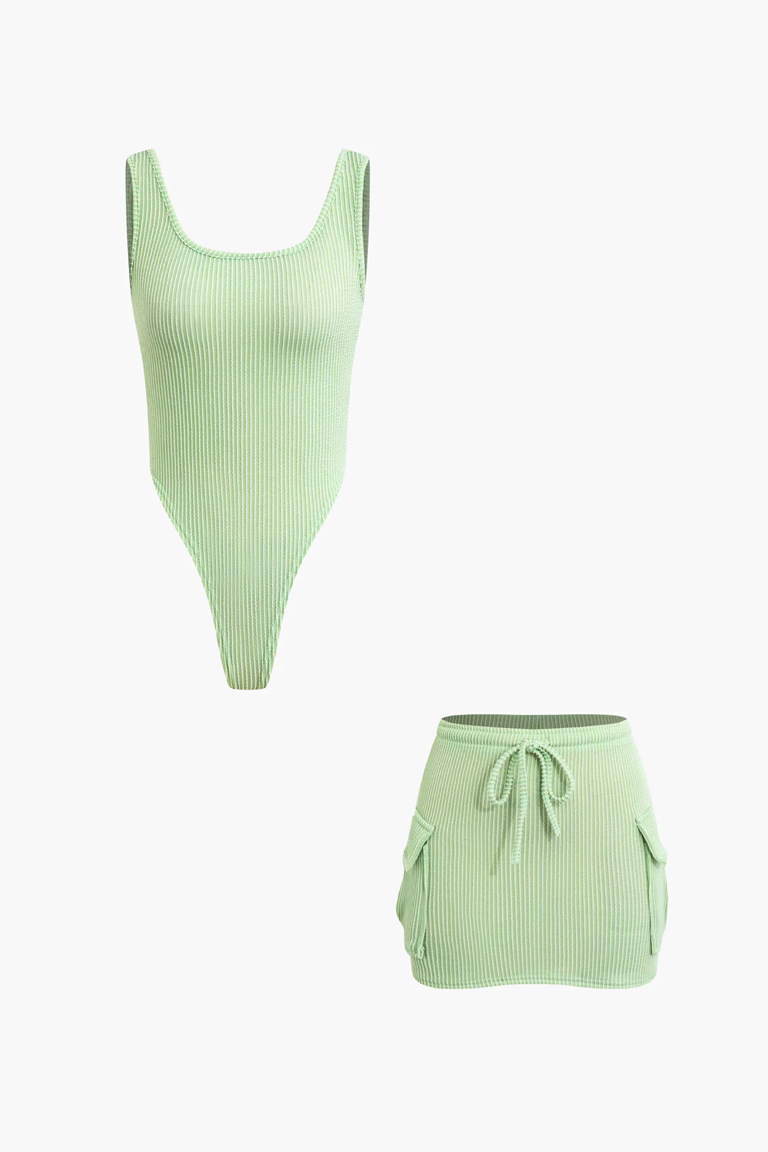 Stripes Bikini And Drawstring Pocket Skirt Set - Flockneti