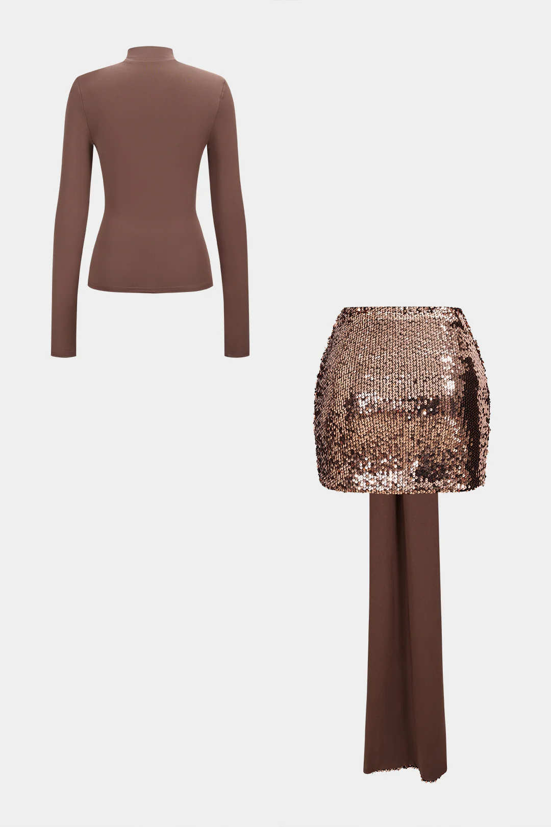 Mock Neck Long-Sleeve Top And Sequin Mini Skirt Set - Flockneti