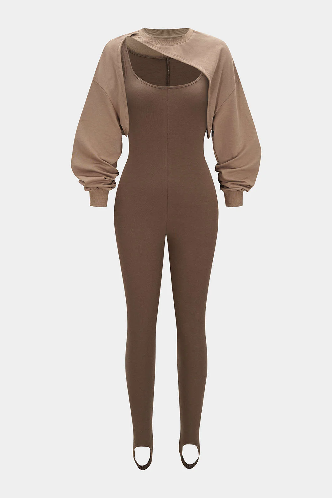 Contrast Round Neck Asymmetrical Long Sleeve Jumpsuit - Flockneti