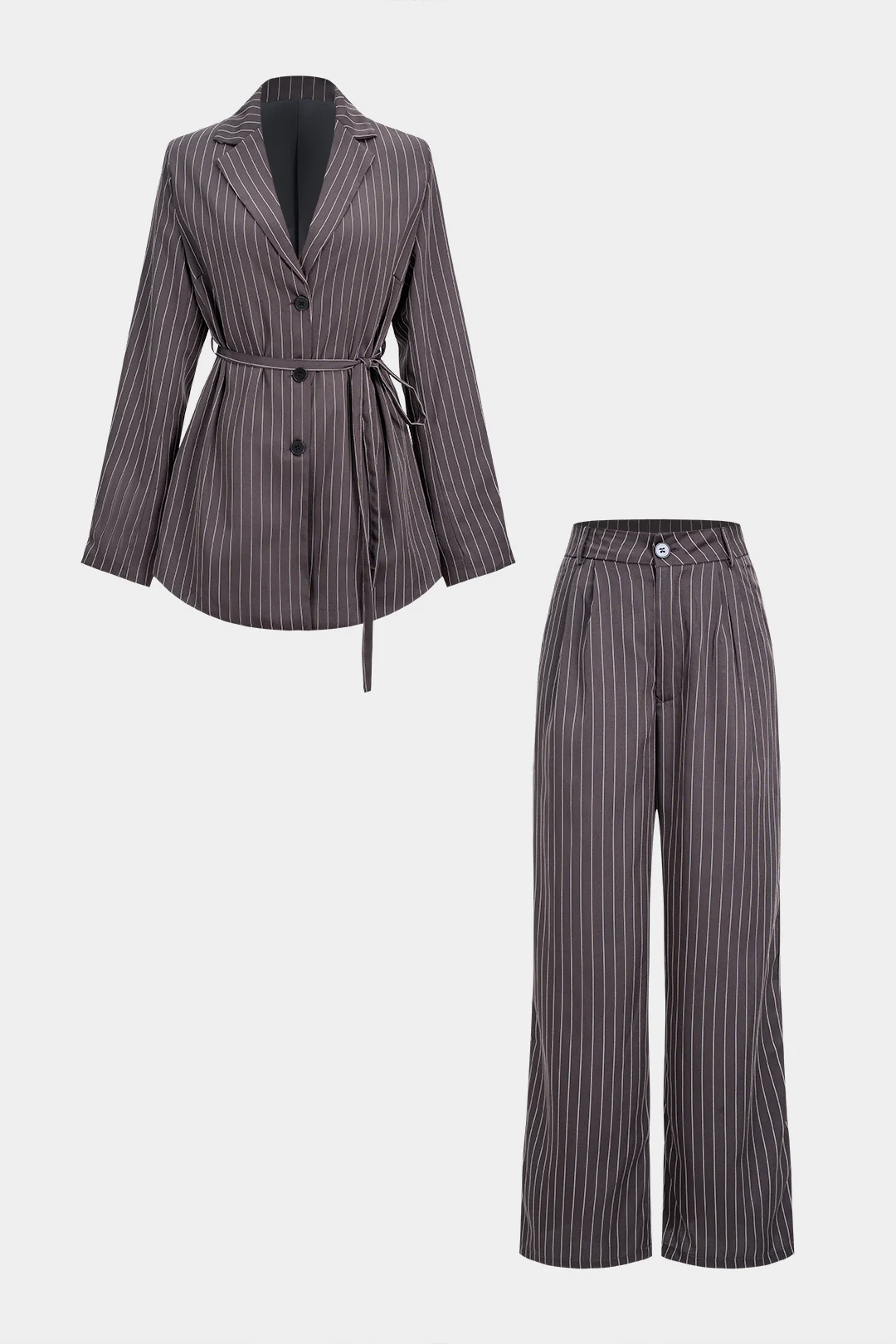 Stripes Print Notched Lapel Belted Blazer And Straight Leg Pants Set - Flockneti