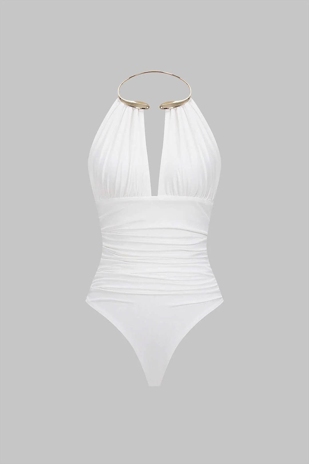 Metallic Decor Halter Neck Ruched Sleeveless Backless Bodysuit - Flockneti
