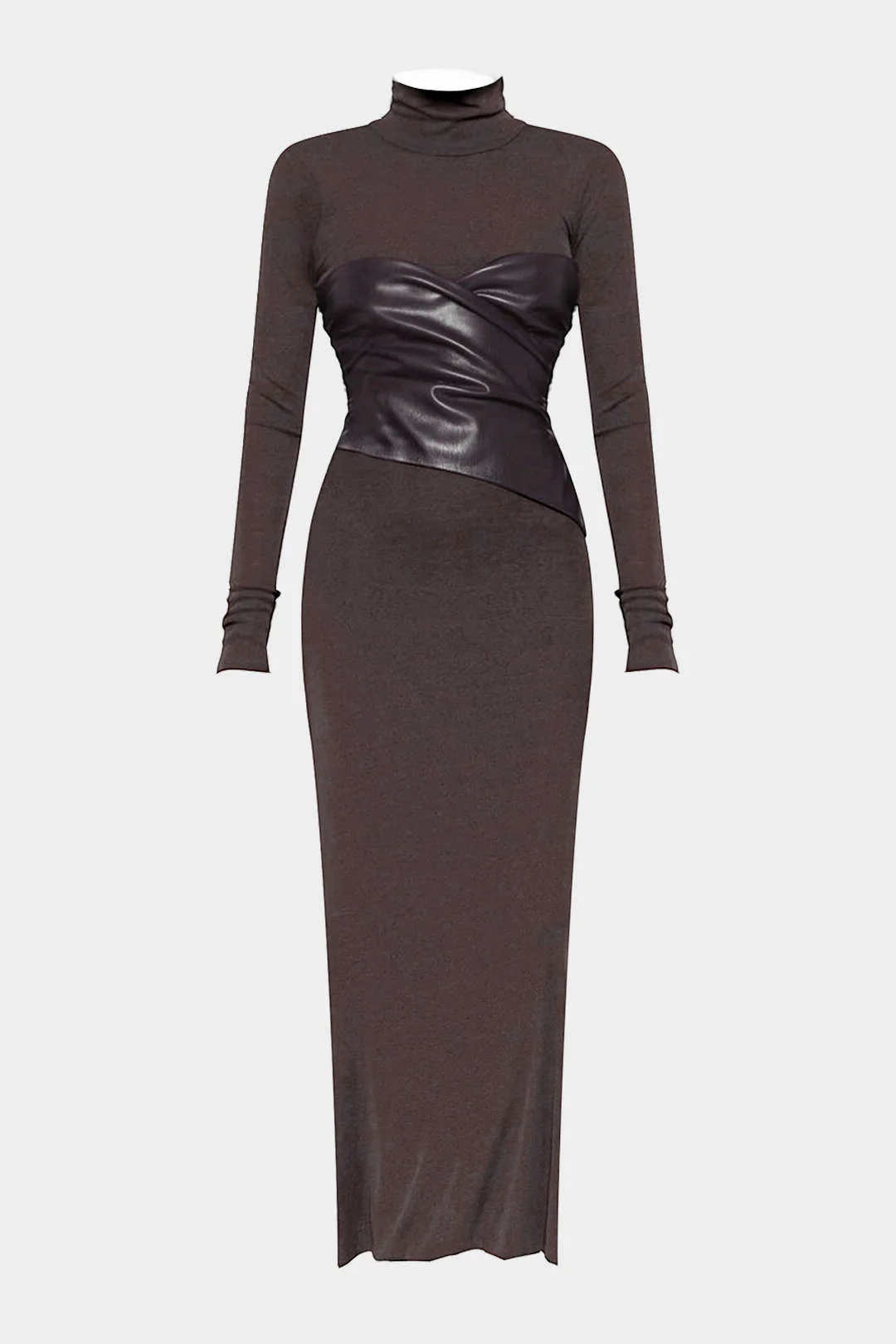 Faux Leather Crossed Ruched Long Sleeve Maxi Dress - Flockneti