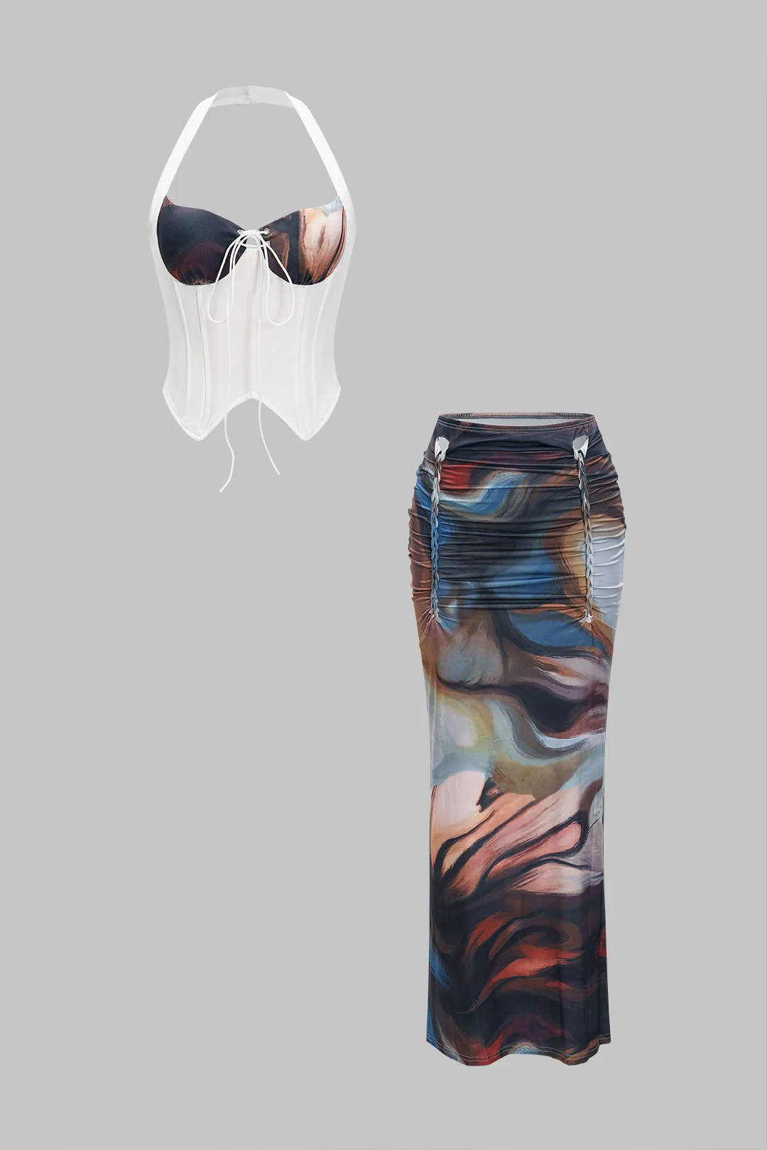 Halter Neck Bustier Drawstring Tank Top And Ruched Skirt Set - Flockneti