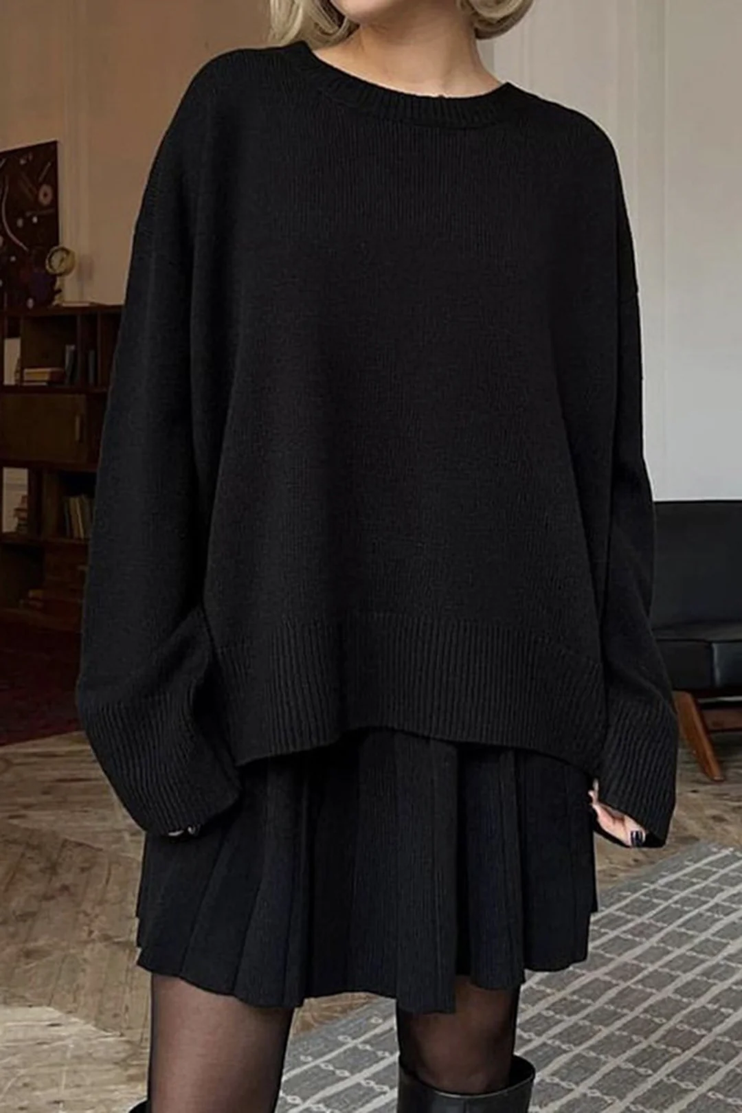 Knit Round Neck Long-Sleeve Top And Pleated Belted Skirt Set - Flockneti