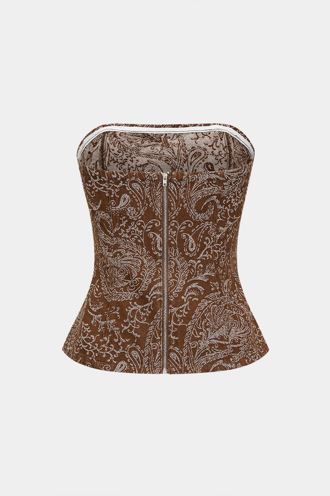 Paisley Print Denim Ruched Zipper Strapless Tube Top - Flockneti