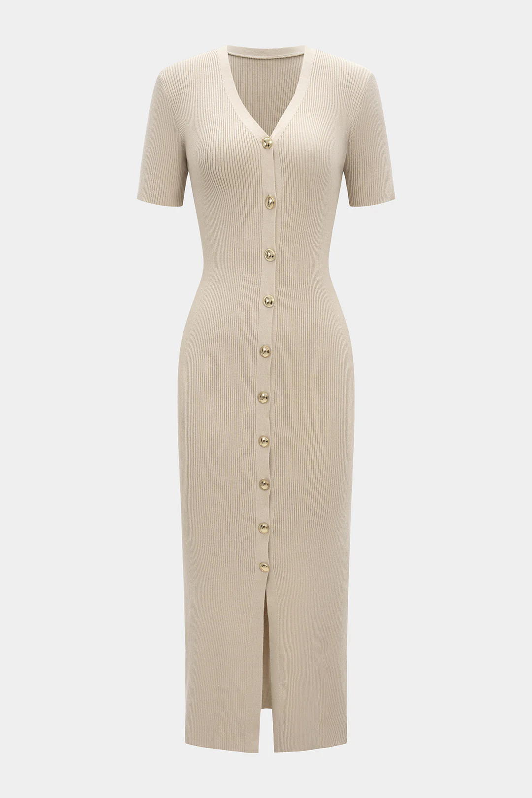 Knit Button V-Neck Short Sleeve Dress - Flockneti