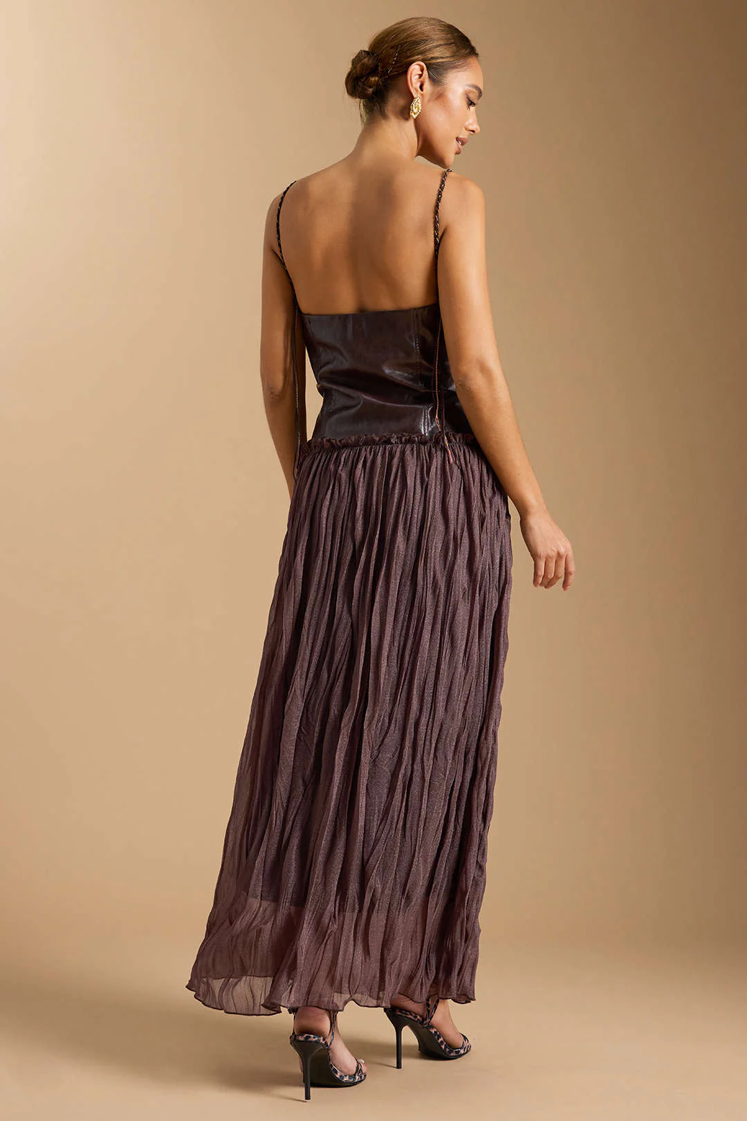 Faux Leather Patchwork Ruched Sleeveless Midi Dress - Flockneti