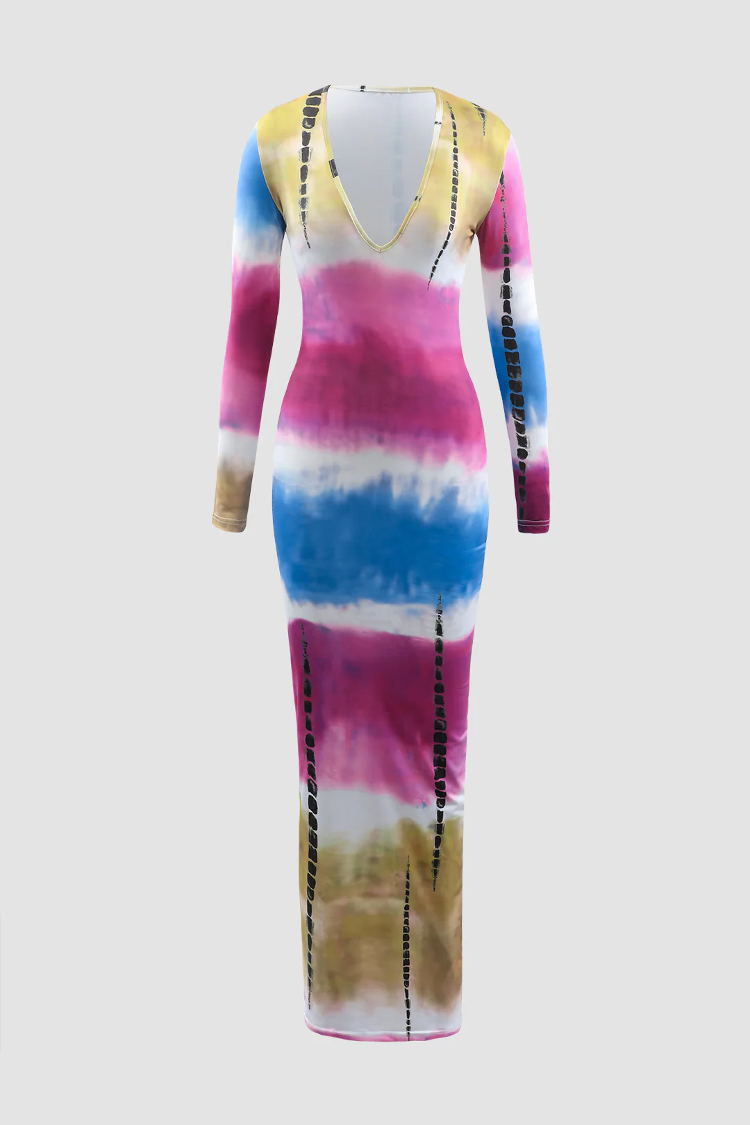 Contrast Print V-Neck Long Sleeve Maxi Dress - Flockneti