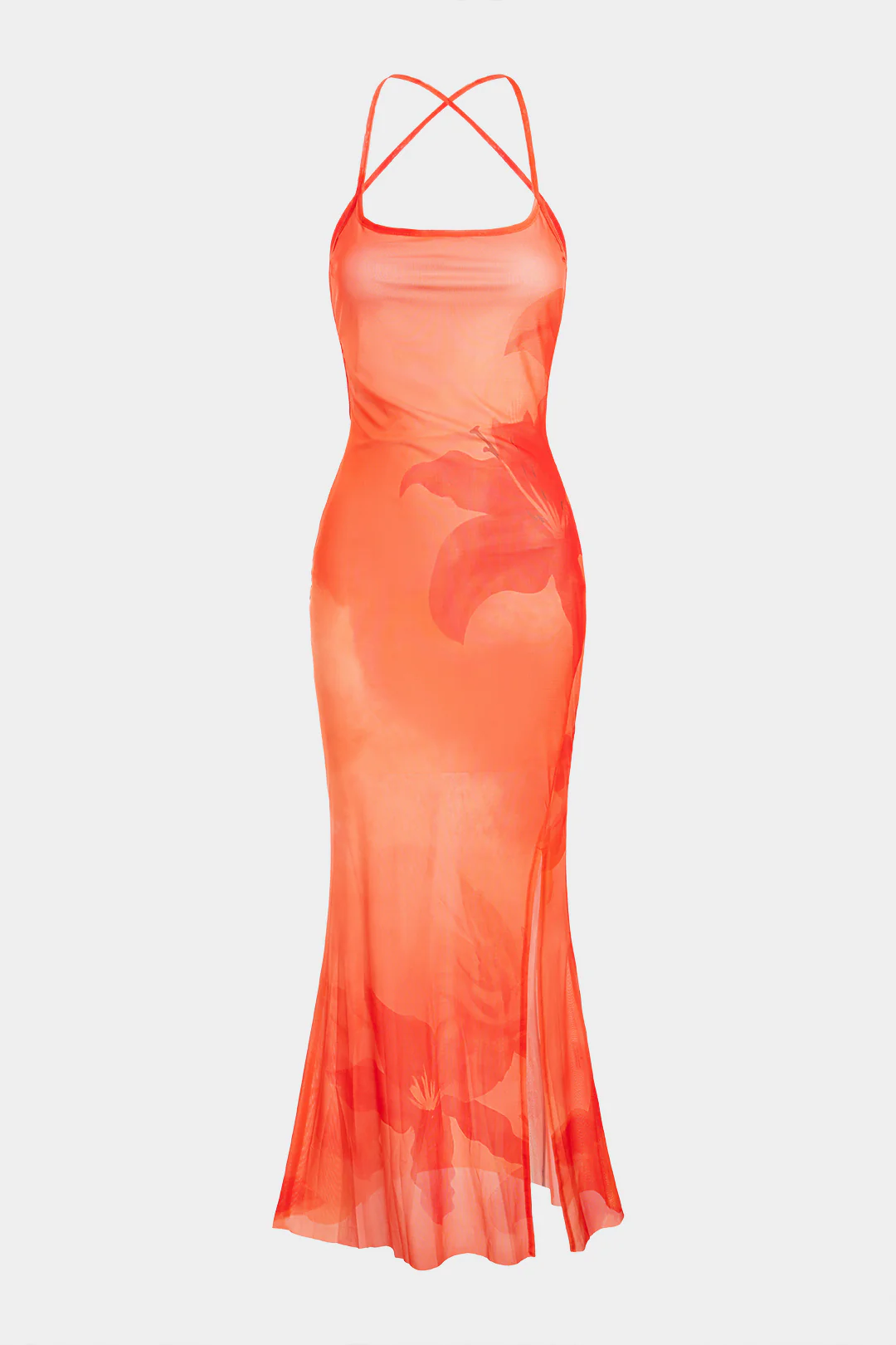 Floral Print Mesh Crossed Tie-Up Backless Slip Sleeveless Maxi Dress - Flockneti