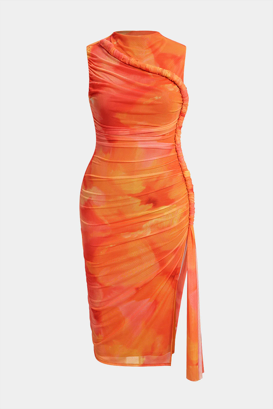 Plus Size Floral Print Mesh Mock Neck Asymmetrical Sleeveless Midi Dress - Flockneti