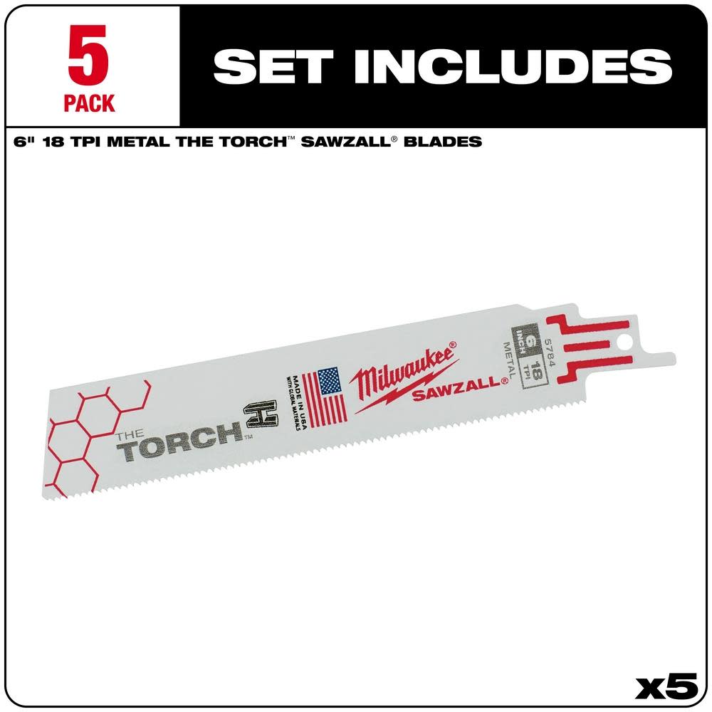 Milwaukee 6 in. 18 TPI THE TORCH SAWZALL Blade 5PK - Flockneti