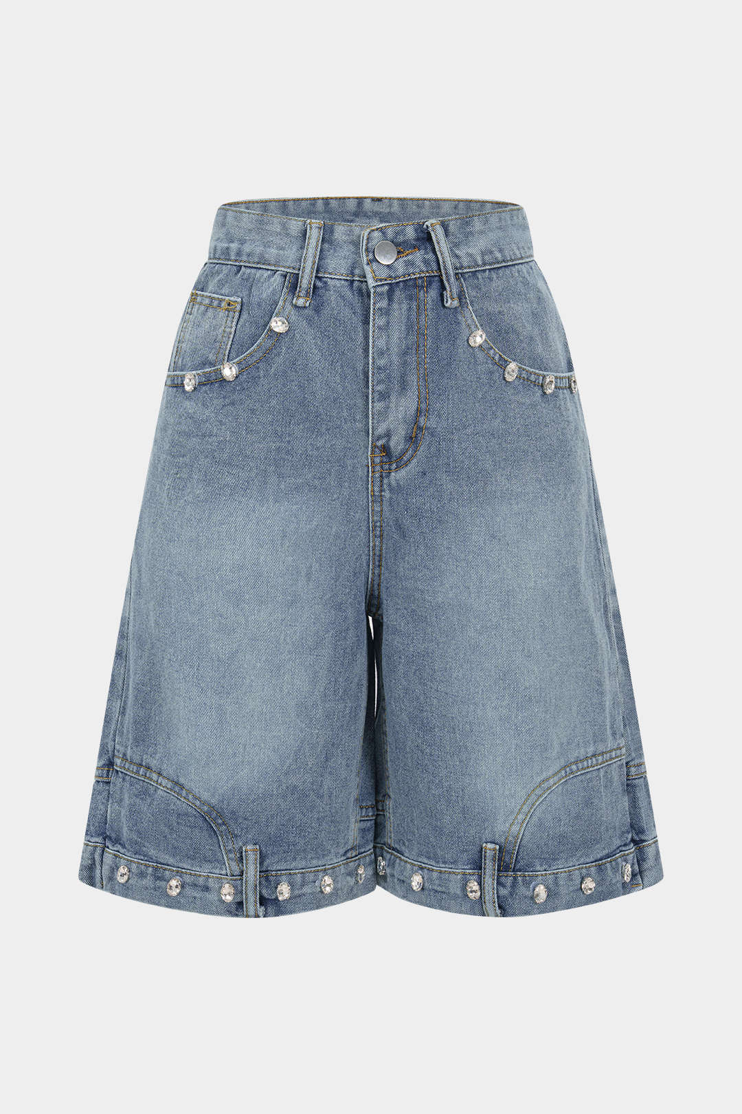 Denim Zipper Rhinestone Trim Pocket Shorts - Flockneti