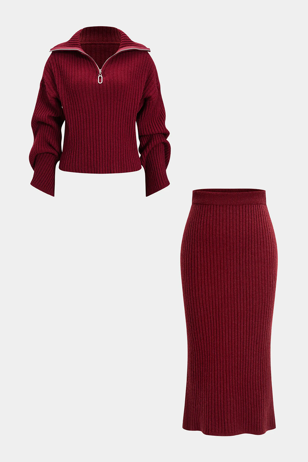 Knit Ribbed Zipper Collar Long-Sleeve Top And Skirt Set - Flockneti