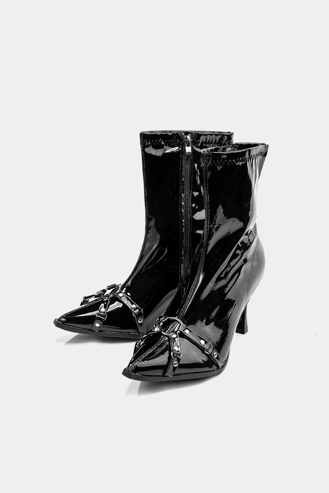Leather Metallic Buckle Pointed Ankle Boots - Flockneti