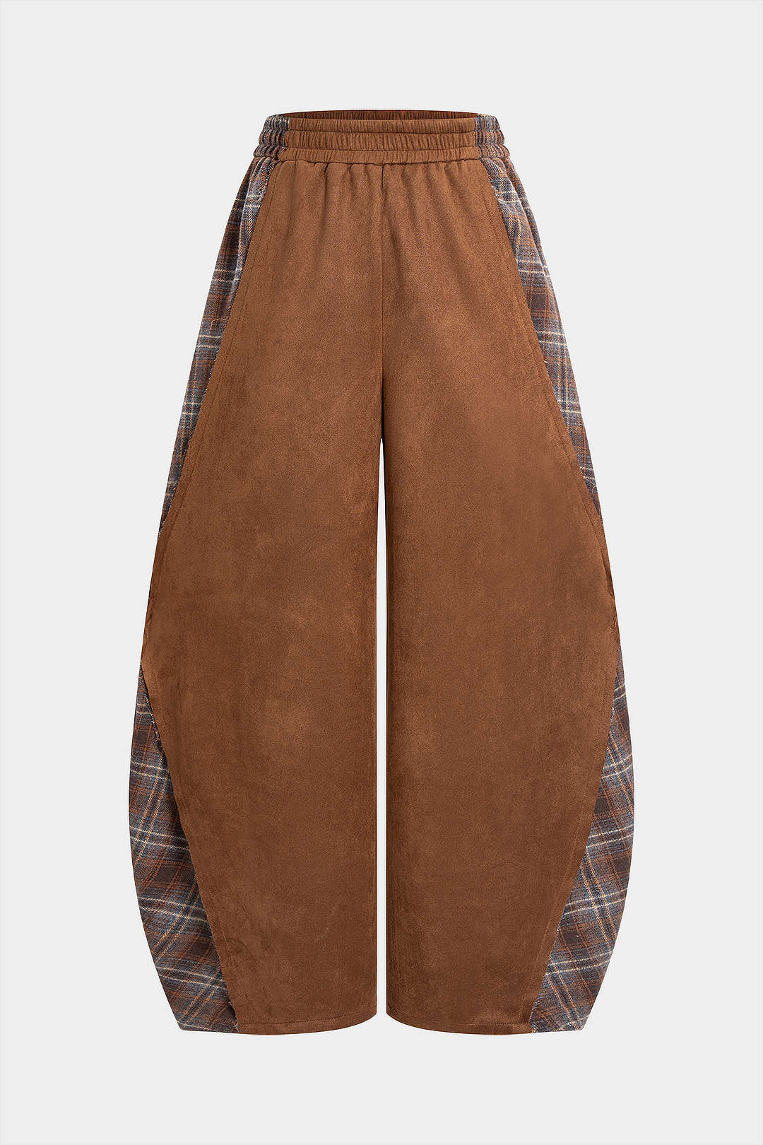 Plaid Print Suede Patchwork Shirred Waistband Pants - Flockneti