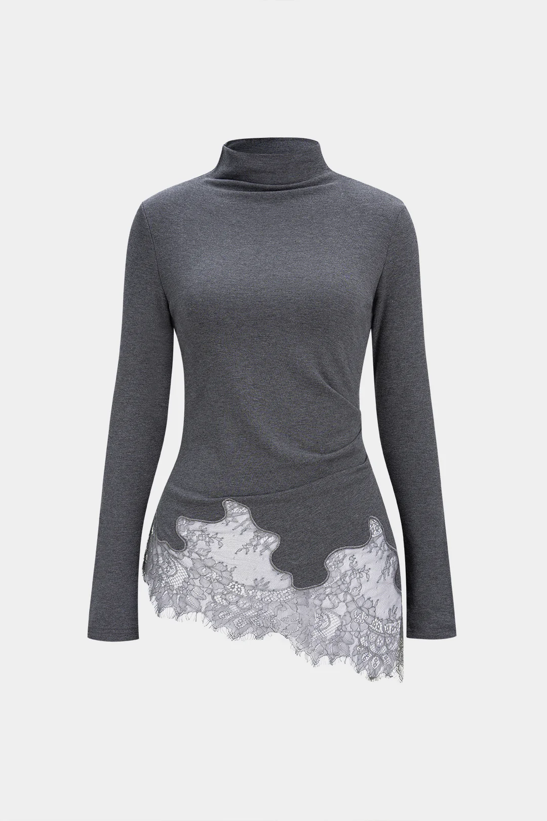 Mock Neck Lace Trim Long-Sleeve Top - Flockneti