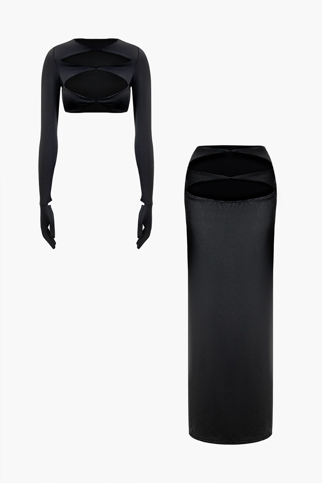 Solid Hollow-Out Long Sleeve Top And Skirt Set - Flockneti