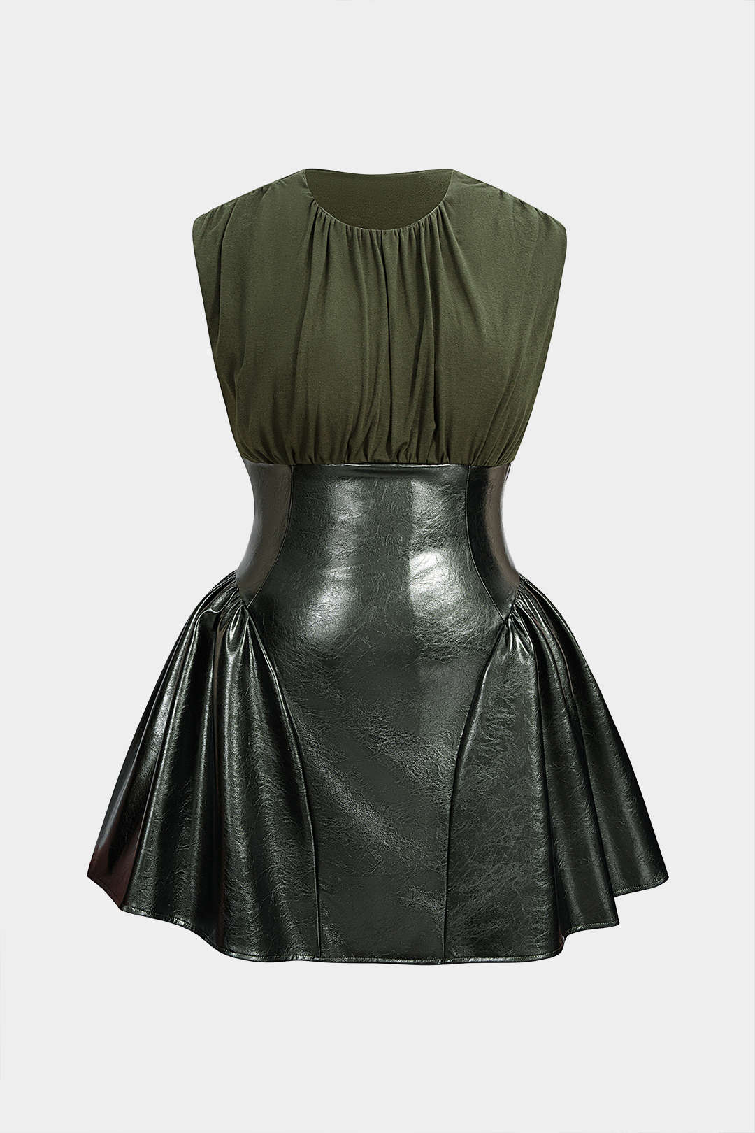 Plus Size Faux Leather Patchwork Ruched Sleeveless Mini Dress - Flockneti