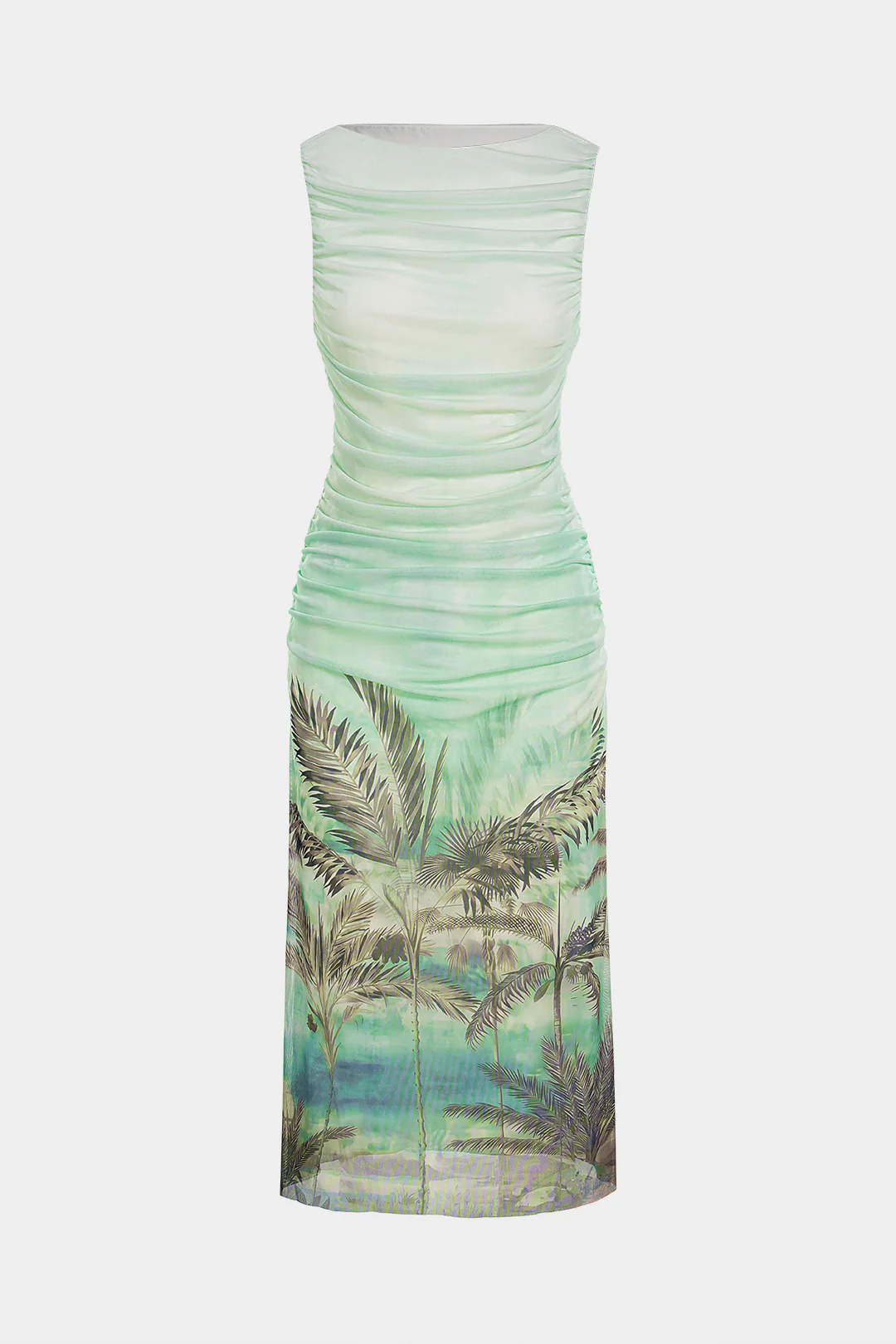 Coconut Palm Ombre Print Mesh Patchwork Ruched Sleeveless Midi Dress - Flockneti