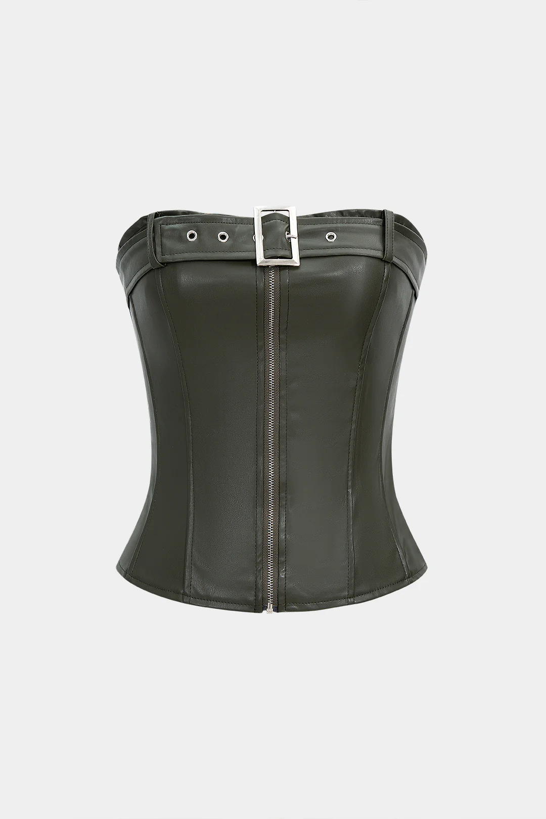 Faux Leather Smocked Strapless Belted Zipper Tube Top - Flockneti