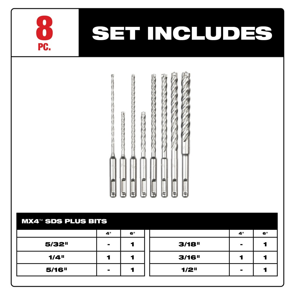 Milwaukee SDS Plus MX4 4 Cutter Drill Bit Kit 8pc - Flockneti