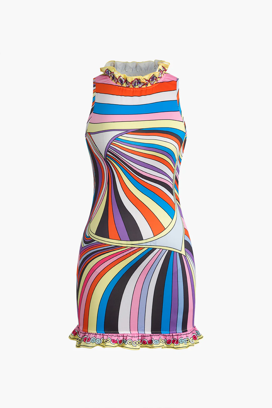 Geometric Stripes Print Scallop Edge Sleeveless Mini Dress - Flockneti