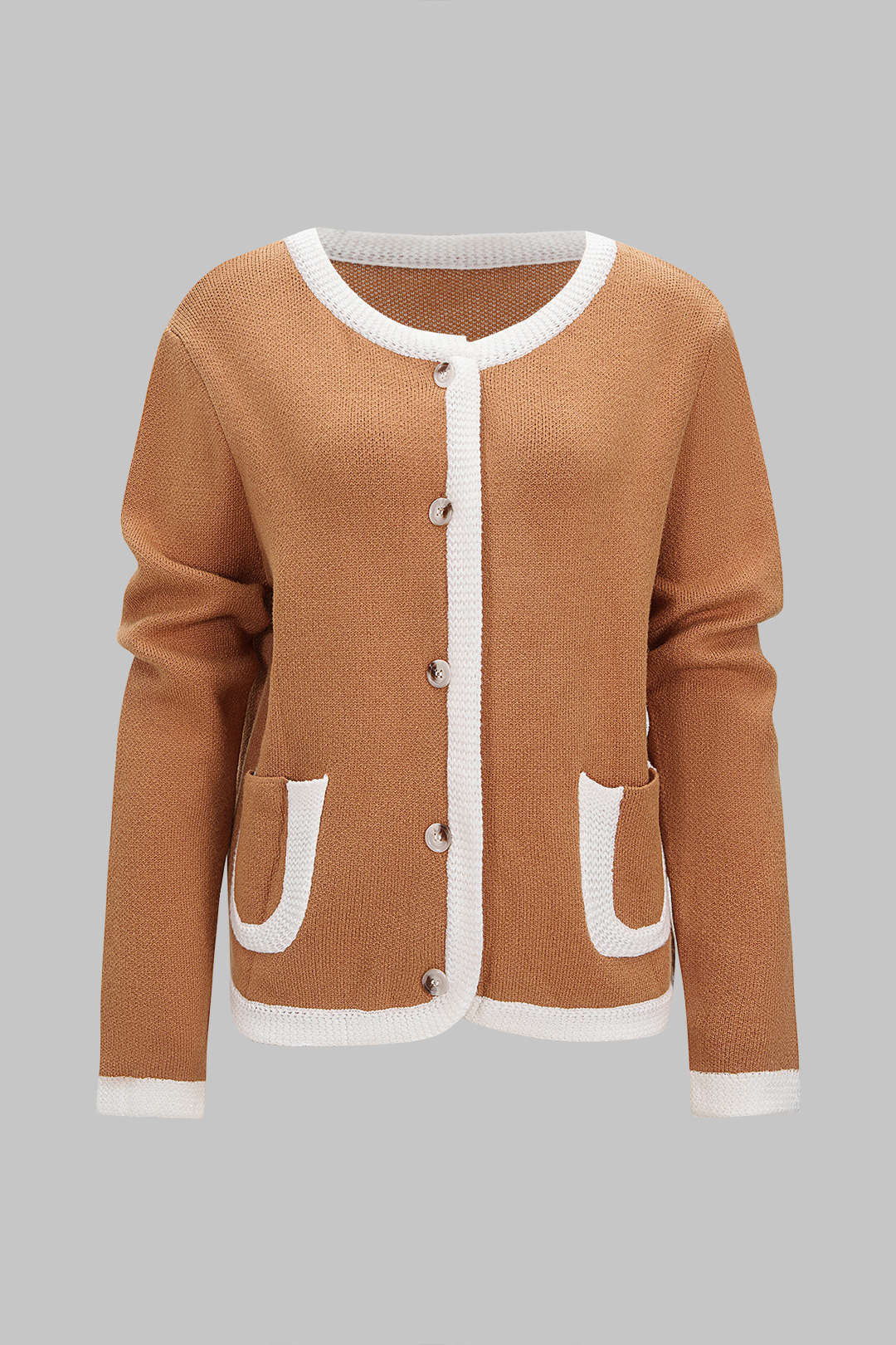Knit Contrast Binding Round Neck Pocket Cardigan - Flockneti