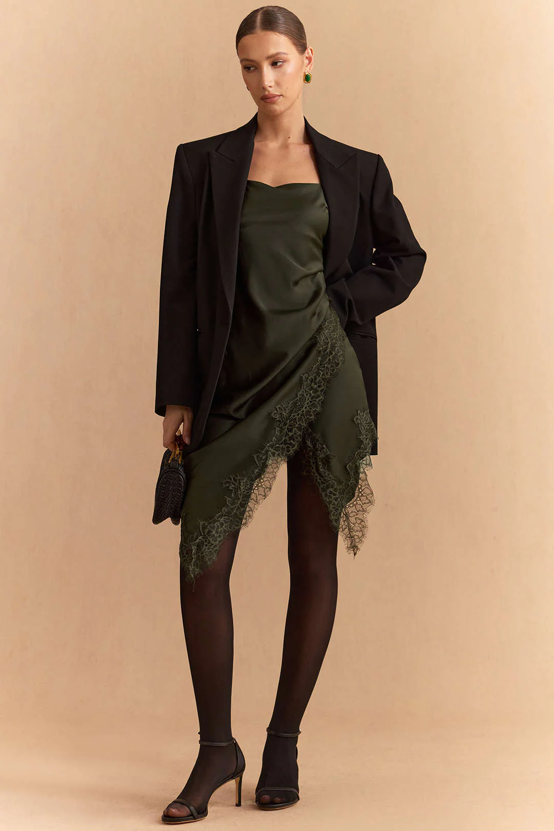 Satin Asymmetrical Lace Trim Ruched Mini Dress - Flockneti