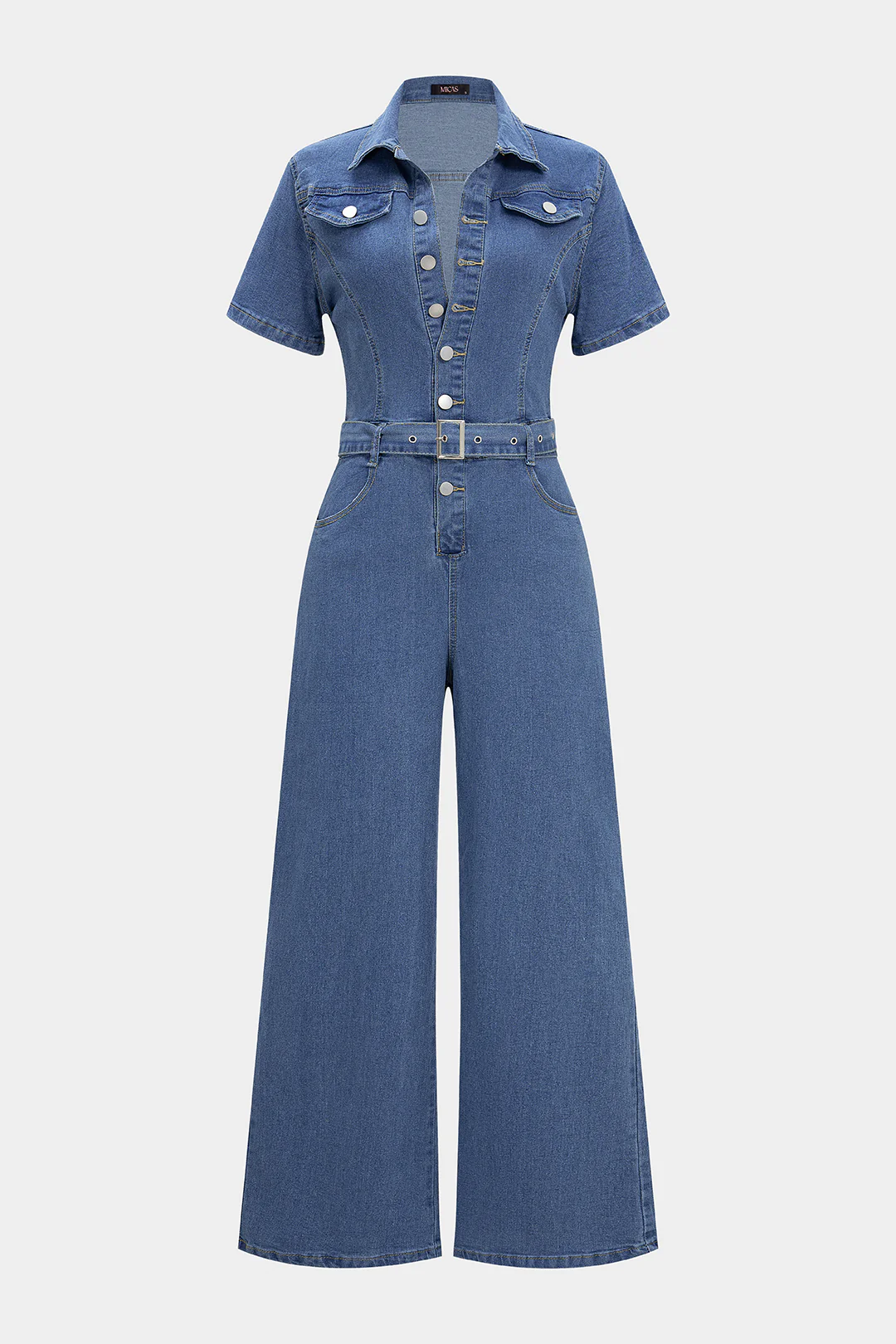 Denim Lapel Short Sleeve Belted Pocket Wide Leg Jumpsuit - Flockneti