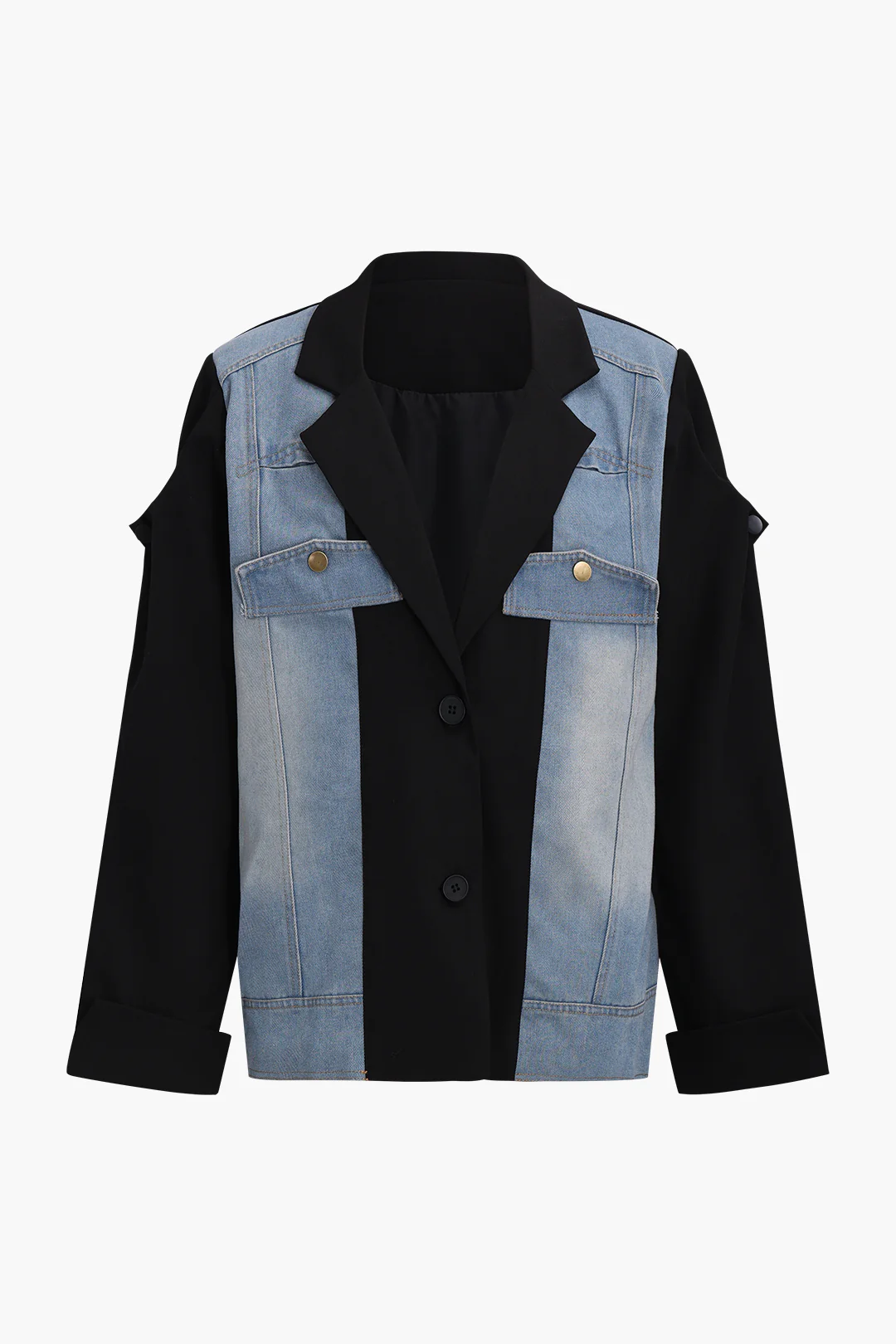 Denim Patchwork Notched Lapel Outerwear - Flockneti